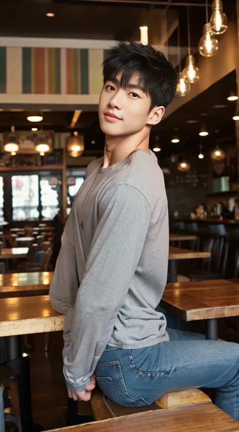 ((realistic daylight)) , Young Korean man in a gray t-shirt Denim shirt, jeans, A handsome, muscular young Asian man looks at the camera. , in the restaurant ,turn sideways