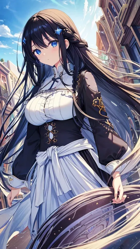 best quality, extremely detailed,anime style girl,long hair down to the waist, straight hair, ((dark black hair with bluish)),br...