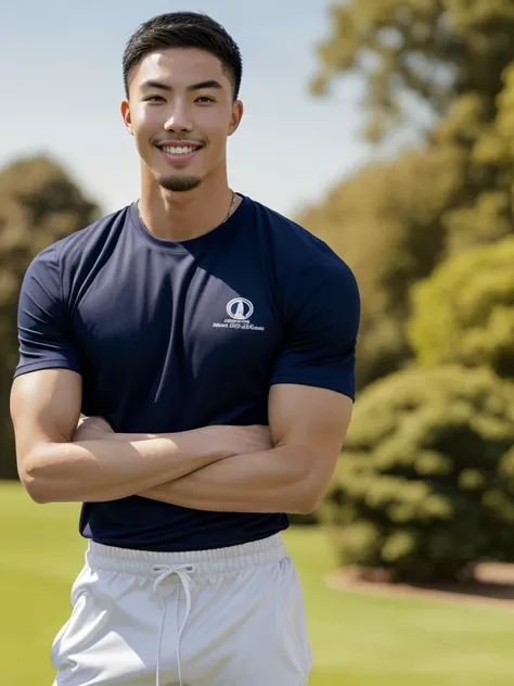 Tony Labrusca, (As a matter of fact, Masterpiece, 8k HD, good light quality, sportswear, fit the face, complicated details), A handsome, muscular young Korean man. , 20 years old, be happy, smile brightly, detailed face, delicate eyes, มองดูsky, Wear a nav...