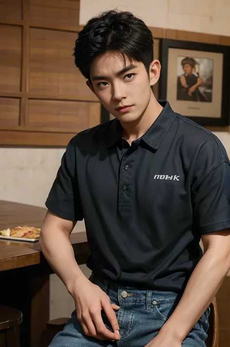 ((realistic daylight)) , Young Korean man in black sports shirt only, no pattern, denim shirt, jeans., A handsome, muscular young Asian man looks at the camera.  , in the restaurant ,turn sideways((realistic daylight)) , Young Korean man in black sports sh...