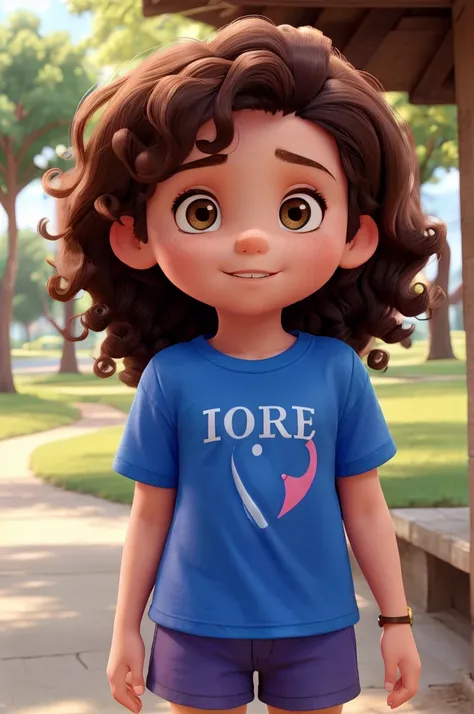 best qualityer, a 10 year old  who is a little chubbier, on the American, long black hair with beautiful curls and brown eyes, wearing blue t-shirt and pink shorts, in park