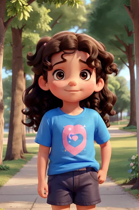 best qualityer, a 10 year old  who is a little chubbier, on the American, long black hair with beautiful curls and brown eyes, wearing blue t-shirt and pink shorts, in park