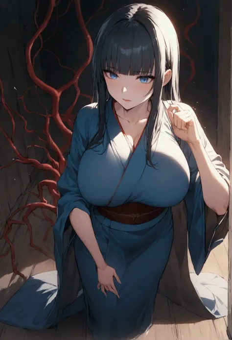 Hime cut with long black hair、Full-body illustration of a girl with straight bangs and blue eyes、Have big breasts、blood vessels can be seen、Wearing a kimono