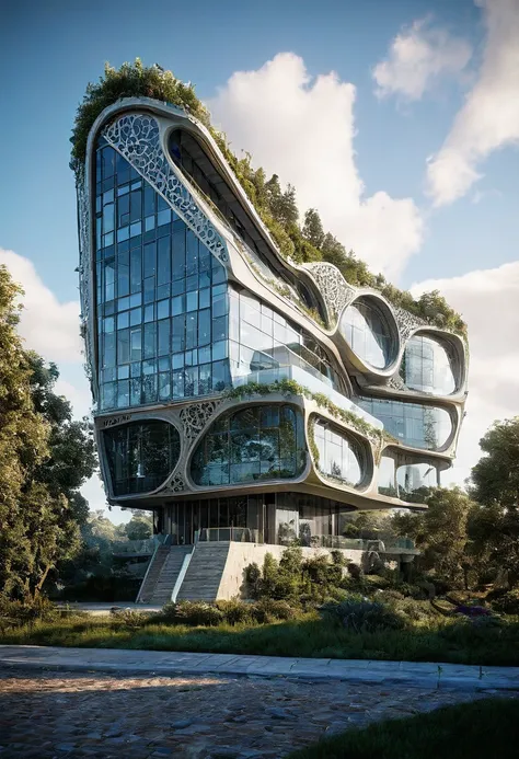 side view, image of the highest detailed Fantasy Architecture of a modern fantastic magically building, capturing a breathtaking scene. Depict a fantastical modern magic realm where nature and architecture blend seamlessly. The air pulses with magic and wo...