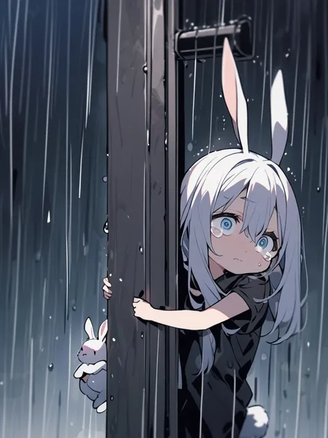 A skinny rabbit，Carrying a bundle of steel bars in the rain，With tears in my eyes，Large, expressive eyes convey sadness