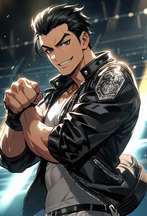 Black hair、Male in his late 30s、Slicked back hair、Black Riders Jacket、White underwear、Equipped with a large amount of silver accessories、Boxing pose、Bare Knuckles、Fearless smile、Venezuelan、Rockabilly style、Alone