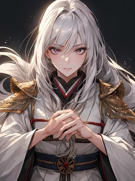 (masterpiece: 1.2), (Highest quality: 1.2) 1 female, mature, expensive (1.85), He looked about 25 years old, Had silver (Light) hair, straight and shiny hair, Bound with Samurai Manju, 前hair, Silver eyes as pure as silver, Very fine grain, Perfect Eyes, Ex...