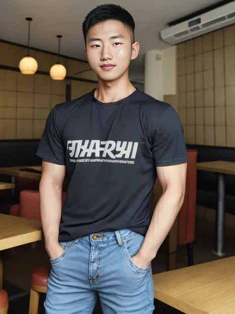 ((realistic daylight)) , Young Korean man in a simple black t-shirt only, no pattern, denim shirt, and jeans., A handsome, muscular young Asian man looks at the camera.  , in the restaurant ,turn sideways