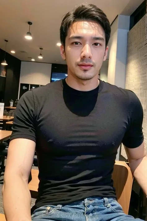 ((realistic daylight)) , Young Korean man in only a black sports shirt, no stripes, and jeans., A handsome, muscular young Asian man looks at the camera.  , in the restaurant ,turn sideways