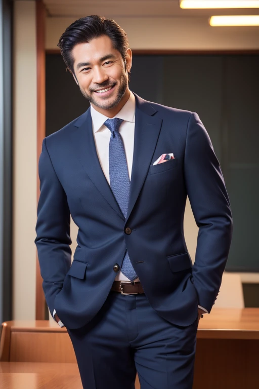 a handsome business man with navy suit, smiling, japanese, japanese popular hair style, muscular physique, facing front in an office interior, (best quality,4k,8k,highres,masterpiece:1.2),ultra-detailed,(realistic,photorealistic,photo-realistic:1.37),highl...