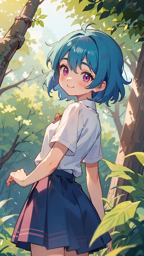 16-year-old girl、Light blue hair、Pink Eyes、smile、blush、Small breasts、From the back、white blouse shirt、Checked skirt、Under the bright light of the sunlight filtering through the trees、Acorns、Sharp contours、Tomboy、boyish、First class work