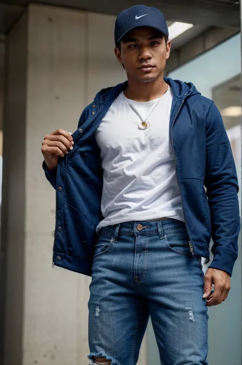 Realistic macro photo of a man wearing a clean hoodie and ripped blue pants.on the front of the jacket is the name REY.
Men also wear Nike shoes and hats while carrying snipers with sexy women against the market background 