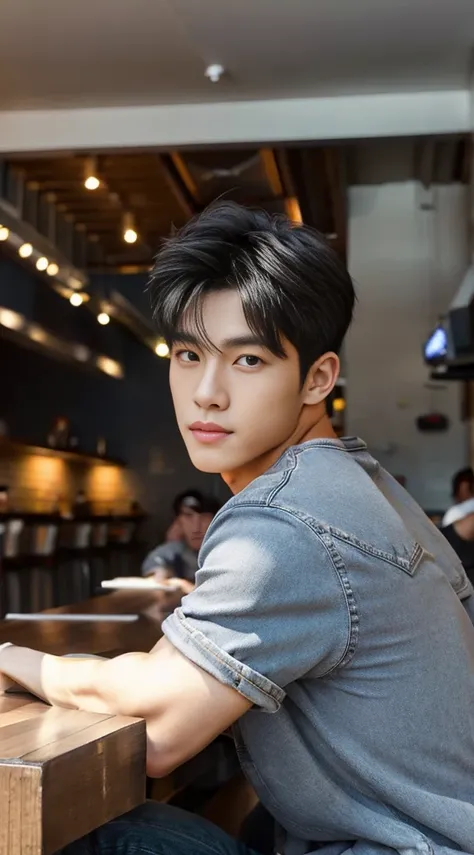 ((realistic daylight)) , Young Korean man in a gray t-shirt Denim shirt, jeans, A handsome, muscular young Asian man looks at the camera. , in the restaurant ,turn sideways