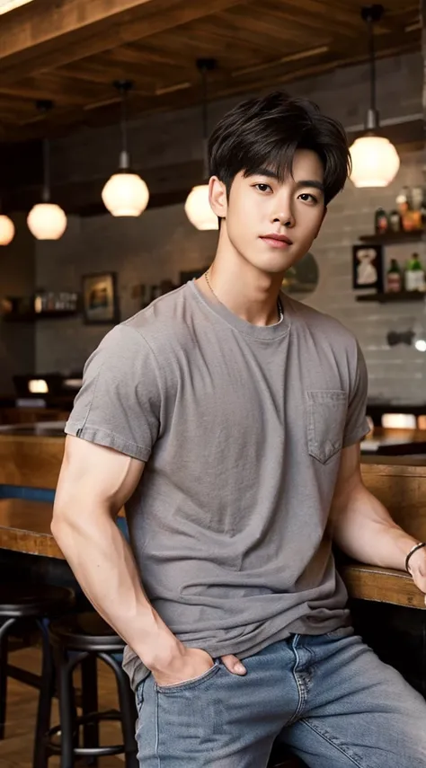 ((realistic daylight)) , Young Korean man in a gray t-shirt Denim shirt, jeans, A handsome, muscular young Asian man looks at the camera. , in the restaurant ,turn sideways