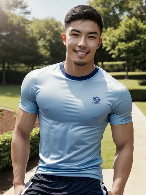 Tony Labrusca, (As a matter of fact, Masterpiece, 8k HD, good light quality, sportswear, fit the face, complicated details), A handsome, muscular young Korean man. , 20 years old, be happy, smile brightly, detailed face, delicate eyes, มองดูsky, Wear a nav...