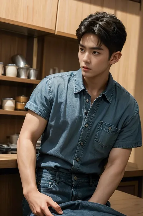 ((realistic daylight)) , young korean man in black sports shirt only, no pattern, denim shirt, jeans., a handsome, muscular youn...