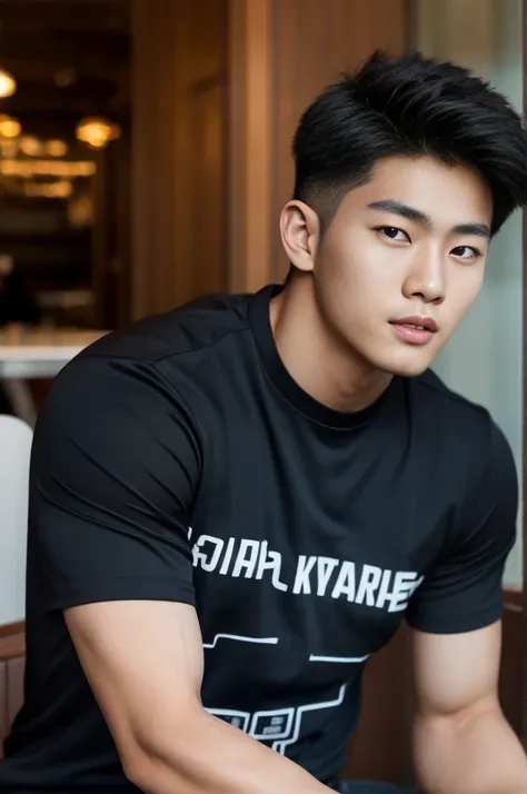 ((realistic daylight)) , Young Korean man in only a black sports shirt, no stripes, and jeans., A handsome, muscular young Asian man looks at the camera.  , in the restaurant ,turn sideways