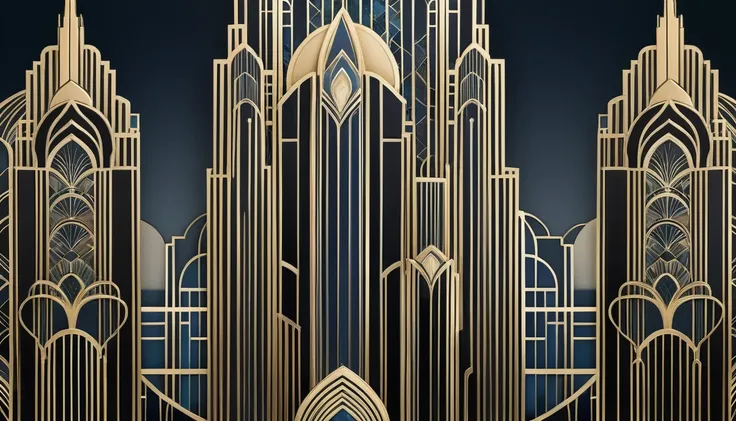 Art deco inspired skyline with intricate patterns and metallic accents.