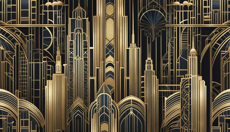 Art deco inspired skyline with intricate patterns and metallic accents.