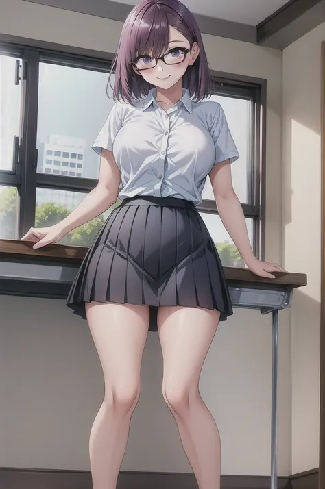 1girl, cowboy shot, classroom, smile, glasses, 
nitengojigen_ririsa, purple eyes, purple hair, short hair, bangs, lace underwear, short sleeves, Show your breasts,sex, pleated skirt, best quality, masterpiece, highres, 