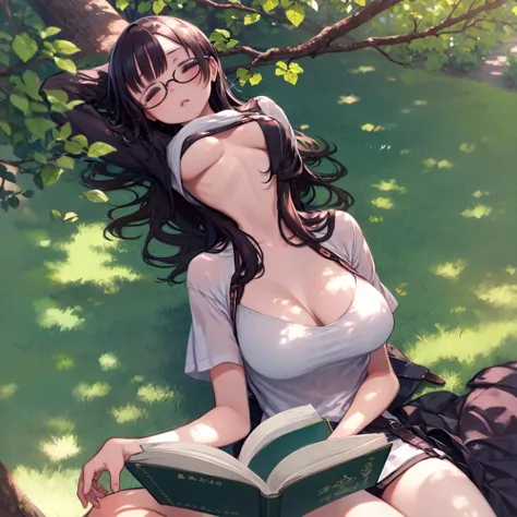 One Woman、Big Breasts、Sleeping in a hammock、Outdoor、Sunlight filtering through the trees、Glasses、With an open book、