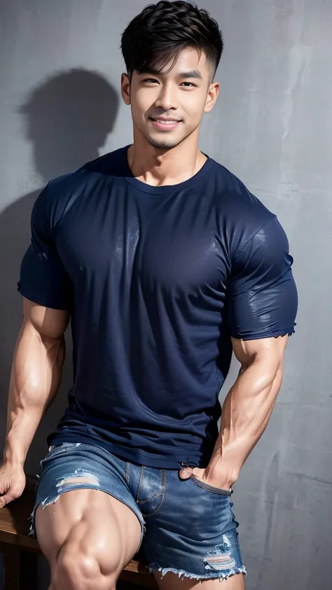 (Create a masterpiece), (CGI art),(realistic), (Sharp focus),  korean men 1 คนบาดเจ็บโดนจับมัด, (Wear a navy tight T-shirt.:1.3), jeans, korean men, chest muscles, large arm muscles, blood vessel, big muscles, Broad shoulders, looking at the audience, Bala...