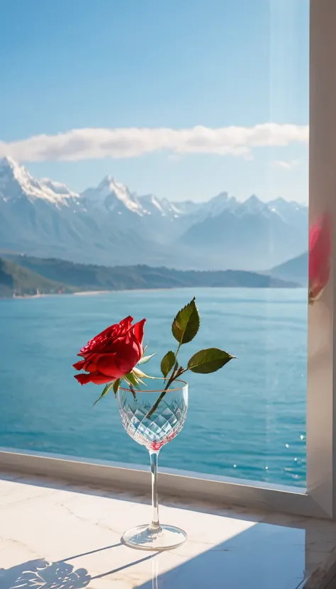 Sunlight in the crystal glass on the seaside, With mountains as a backdrop, Regular classical shaped glass, Open from above, below, Next to the glass, Its a red rose, High-quality photorealistic photography