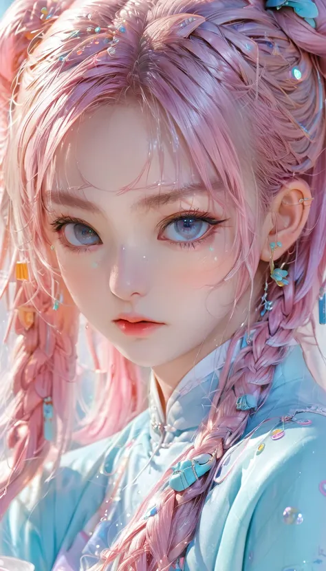 (masterpiece), (best quality), (Very detailed), (Dirty hair), (illustration), (1 girl) (Long pink hair 1.5) (blue eyes) (Twintails 2.0), ((((No shoulder))),Hanfu, (Looking at the audience, (interview), (Simple background), Beautiful and delicate eyes, Deli...