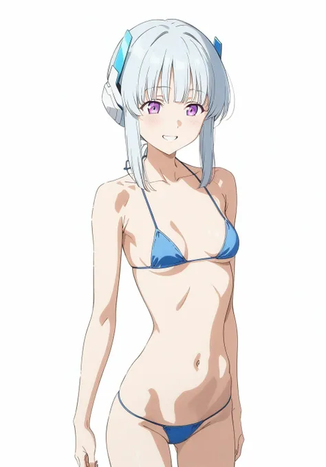 best quality, amazing quality, very aesthetic, absurdres, (1girl, noa, blue archive, solo, purpel eyes, white hair, big breasts), (realistic face:0.9),(string bikini:1.8), (grin, blush, thigh:1.3), (cowboy shot), (glowing eyes), (half closed eyes:0.9), (),...