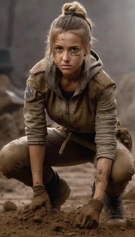 a rebel girl standing in a fighting pose covered in dirt with a runny nose and fists up determined look --ar 1:2 --q 1.25 --s 1000，(Best quality,4K,8K,A high resolution,Masterpiece:1.2), (Realistic,Photorealistic,photo-realistic:1.37).