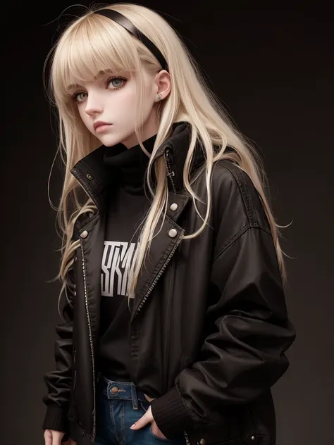 (best quality), 1girl, female, pale skin, (black hair), blonde ombre, medium hair, messy hair, messy bangs, hair over eyes, (brown eyes), perfect eyes, dark circles under eyes, skinny body, flat chest, goth girl, oversized jacket, turtleneck, ripped jeans,...