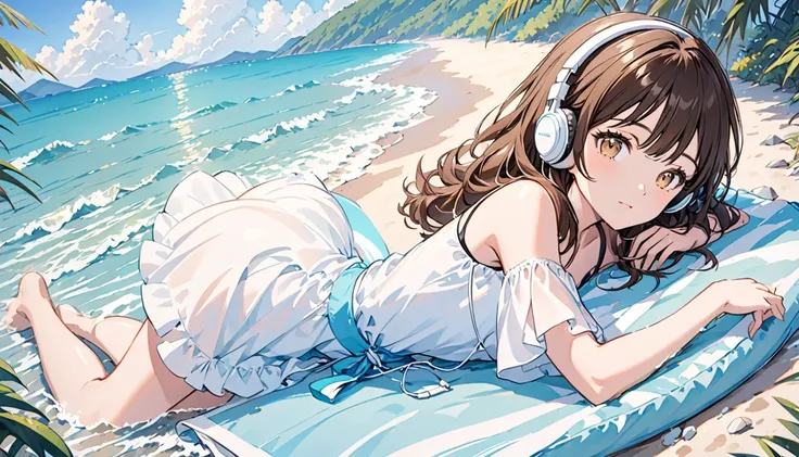 Girl wearing headphones,Brown Hair,1 person,bright,Detailed Background,Relax with the sound of the waves,Lying on a swim ring