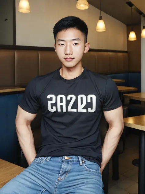 ((realistic daylight)) , Young Korean man in a simple black t-shirt only, no pattern, denim shirt, and jeans., A handsome, muscular young Asian man looks at the camera.  , in the restaurant ,turn sideways