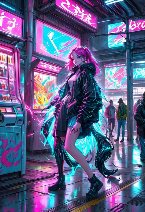 Cyberpunk Train Station: A bustling train station filled with neon lights and holographic advertisements. The train, a sleek metallic beast, arrives with sparks flying from its tracks. People in 80s-inspired cyberpunk attire wait on the platform, surrounde...