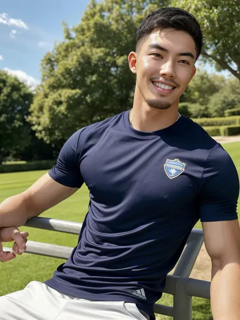 Tony Labrusca, (As a matter of fact, Masterpiece, 8k HD, good light quality, sportswear, fit the face, complicated details), A handsome, muscular young Korean man. , 20 years old, be happy, smile brightly, detailed face, delicate eyes, มองดูsky, Wear a nav...