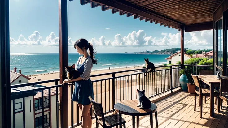 coastal、wooden、Woman holding a cat on an open balcony、A pleasant breeze blows、chairs and tables、Daytime、House with sea view、Beautiful woman、Hair blowing in the wind、