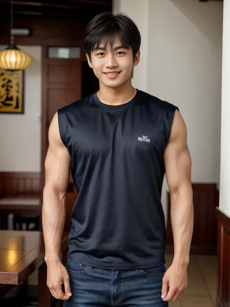 独奏: 1.5, (As a matter of fact, Masterpiece, 8k HD, good light quality, sportswear, fit the face, complicated details), A handsome Korean young man with muscular arms. , 20 years old, be happy, smile brightly, detailed face, delicate eyes, look at the sky, ...