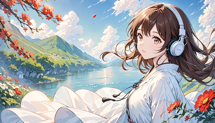 Girl wearing headphones,Brown Hair,1 person,bright,Detailed Background,「The wind that surrounds the heart」 - Let yourself go with the gentle breeze