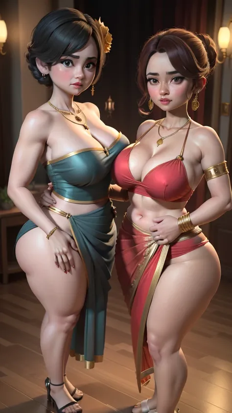 a woman round neck blouse and saree,big cheeks, swooping breasts, deep cleavage, angle face, round face,fair skin,open arms, sexy armpits,big penis, nipples, ass, necklace, ,(cinematic:1.3),a cartoon couple dressed in formal clothes posing for a picture, h...