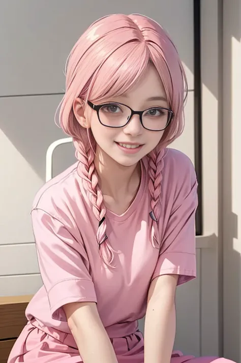 1 girl, age 5-6 years ,Solo, sitting (Looking at the audience), (pink shirt:1.5), long skirt ,Stylish clothes young woman wearing glasses /(pink hair/) Braided hair, smiling kindly (The best quality masterpiece:1.2) , Delicate illustrations, Special detail...