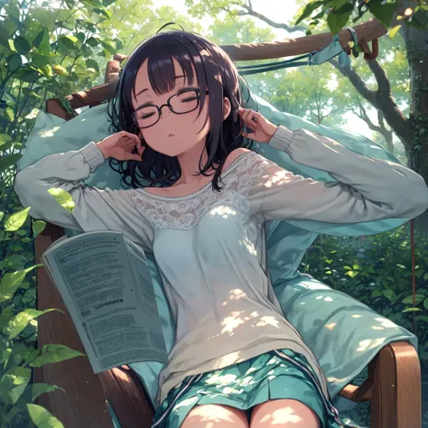 One Woman、Sleeping on a hammock、Outdoor、Sunlight filtering through the trees、Glasses、With an open book、Sleeping comfortably、Calm air、
