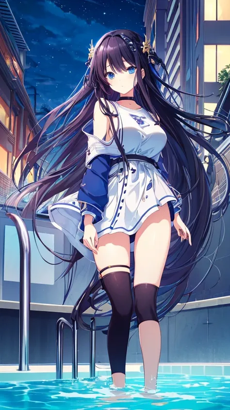 best quality, extremely detailed,anime style girl,long hair down to the waist, straight hair, ((dark black hair with bluish)),br...