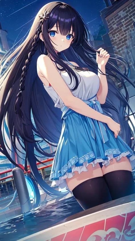 best quality, extremely detailed,anime style girl,long hair down to the waist, straight hair, ((dark black hair with bluish)),br...