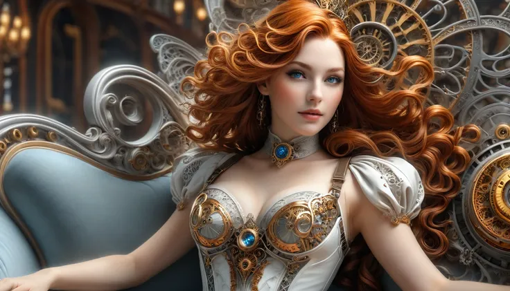 photo, 8k ((surréaliste)) statue dune sublime femme rousse Steampunk en marbre blanc alangui sur un sofa complexe, plan large, corps entier, souriante et radieuse, bustier étroit incrusté de fines dentelles techniques complexe fractal, bustier effet push-u...