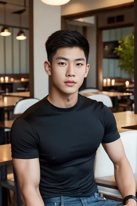 ((realistic daylight)) , Young Korean man in only a black sports shirt, no stripes, and jeans., A handsome, muscular young Asian man looks at the camera.  , in the restaurant ,turn sideways