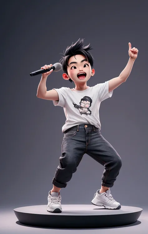 chibi, niji, a man standing on a stage , performing on stage, eric chou, wear grey t shirt, wear black denim pant, white sport shoe