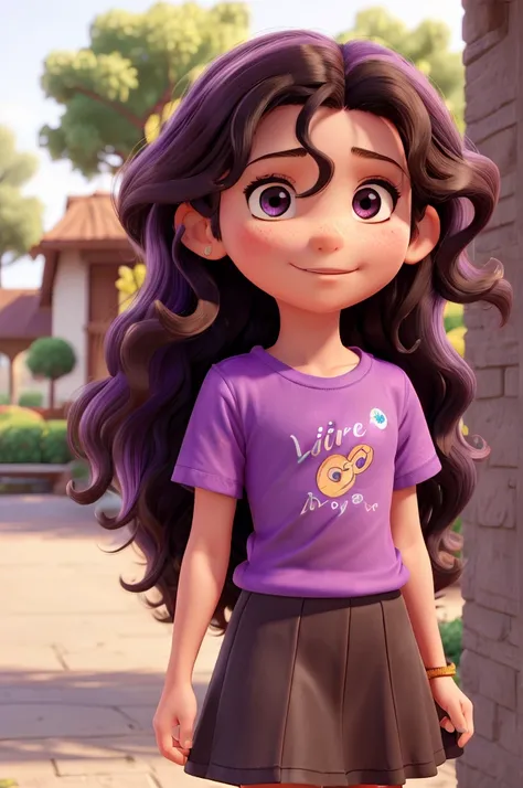 best qualityer, a 6-year-old , on the American, long black hair with big curls and brown eyes, wearing lilac t-shirt and purple skirt, in park