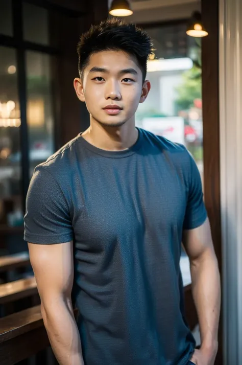 ((realistic daylight)) , young korean man in a black t-shirt with no pattern, a denim shirt, and jeans., a handsome, muscular yo...