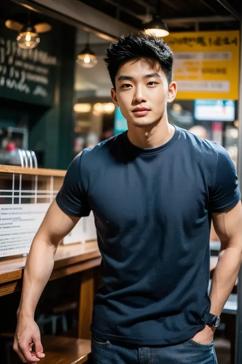 ((realistic daylight)) , young korean man in a black t-shirt with no pattern, a denim shirt, and jeans., a handsome, muscular yo...