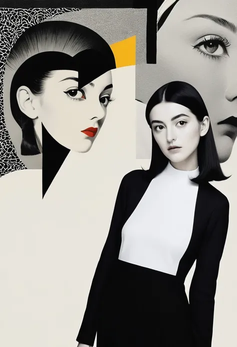 Man Ray：dadaist。Minimalist geometry，Multi-layer collage，Irregularly cropped photos to create a collage，Gray empty，(masterpiece, best quality, Extremely detailed), Exquisite pattern, Detailed background,
(1 girl), solitary, Bankruptcy, 
Light cream, black a...